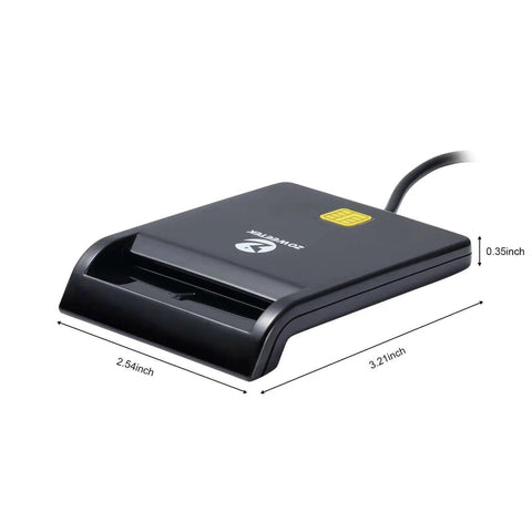 Front view of military-grade CAC Card Reader Military, Smart Card Reader DOD Military USB Common Access CAC with dimensions.