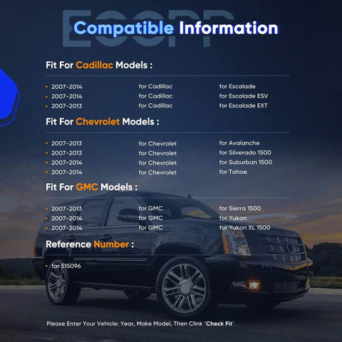 Compatibility chart for 515096 Front Wheel Hub Bearing Assembly for Chevy Cadillac GMC models listed with vehicle in sunset background.