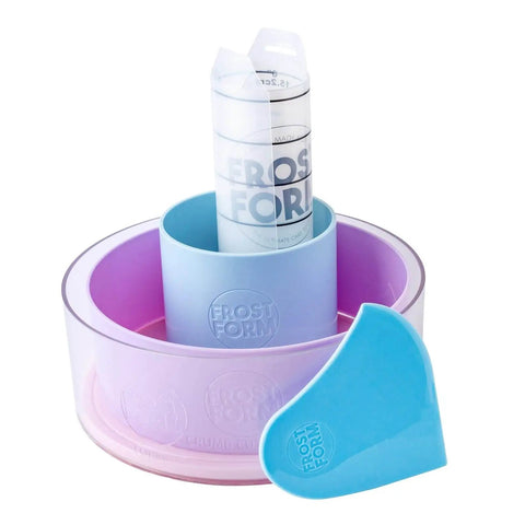 6 Inch Frost Form Starter Kit For Cake Decorating 7 Piece Set with Liner Form Base Stand and Crumb Cutter displayed