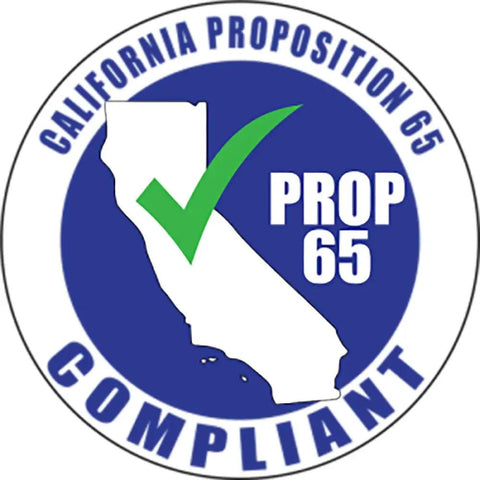 California Prop 65 compliance logo with green check mark and state outline.