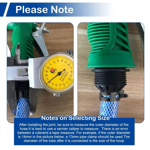 Using vernier caliper to measure hose diameter for correct sizing, with hose installed on a black fitting, green connector visible.