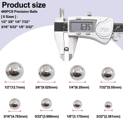 Product size chart for 490PCS precision balls in 8 sizes with a caliper measuring 6.35mm size.