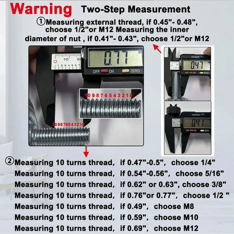 Measurement guide for thread size using a caliper with instructions listed for selecting thread options based on measurements.