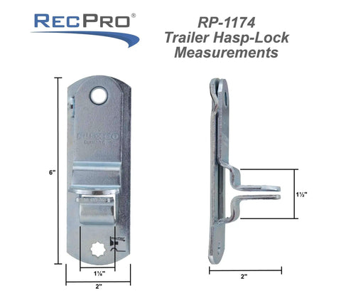 Cam Action Hasp Lock Mechanism For Enclosed Trailer Doors Latch Replacement Secure Locking System Easy Lift To Engage Or Release Keeps Cargo Safe Made In USA, front and side view with dimensions