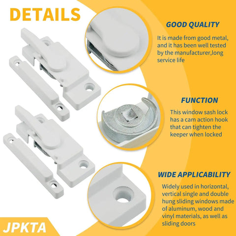 Six pack cam action sash locks in white with diecast construction and keeper for double hung and sliding vinyl windows.