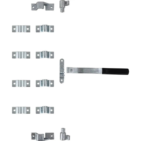 Cam action door lock kit with rugged cast steel cups and a sturdy 13 in handle delivers durable security for enclosed, cargo, and utility trailer doors, featuring corrosion resistant zinc coating and tubing not included.