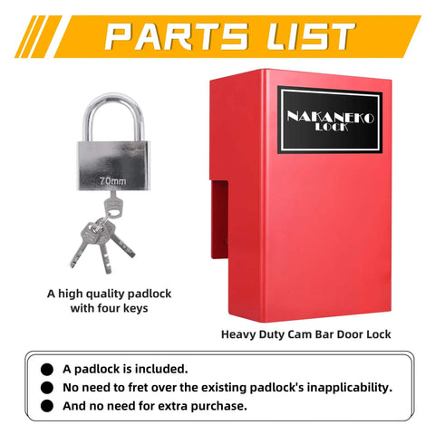 Protect valuables with a heavy duty door lock kit built for cam bar style latches on shipping containers, semi trailers, and conex lids, including a padlock and rugged housing for anti theft security and durable weatherproof protection.