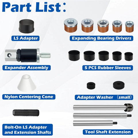 Illustration of Cam Bearing Install Tool & Engine Cam Bearing Remove Kit for Chevy LS Engine, showing parts list with adapters and shafts