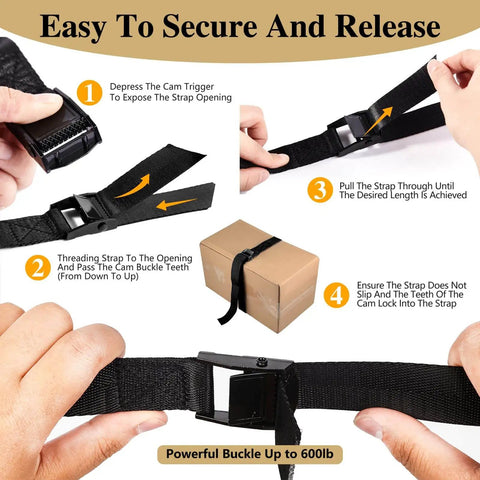 Five Pack Cam Buckle Tie Down Straps 1 Inch By 4 Foot Heavy Duty Lashing Straps demonstrating usage instructions.