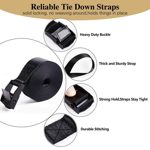 Five Pack Cam Buckle Tie Down Straps 1 Inch By 4 Foot Heavy Duty Lashing Straps For Kayak Cargo, with durable buckle and stitching.