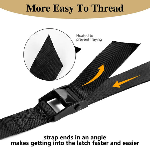 Close-up of Five Pack Cam Buckle Tie Down Straps 1 Inch By 4 Foot Heavy Duty Lashing Straps showing angled strap ends.