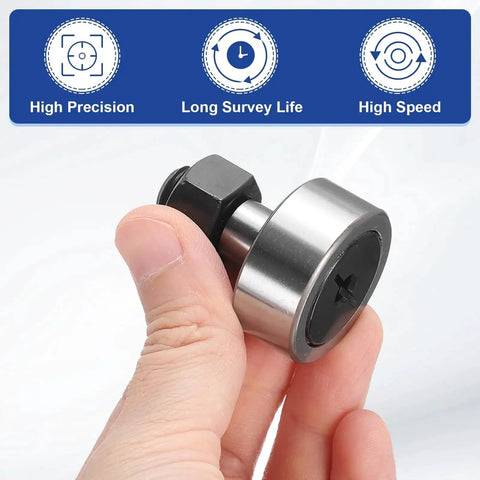 Hand holding Cam Follower Track Runner Bearing with 32mm Roller Diameter and M12 Stud Slotted Head, showing high precision.