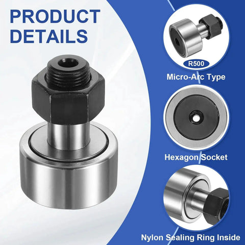 Cam Follower Track Runner Bearing With 47mm Roller Diameter And M20 Stud Type 1-Pack, detailed view with Micro Arc design and hex socket.