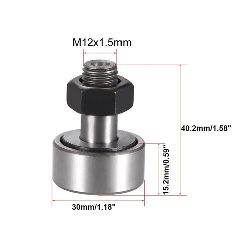 Beefed Up Heavy Duty Cam Follower Track Roller Bearings CF12 KR30 with M12x1.5 thread, 30mm roller diameter, 14mm width shown