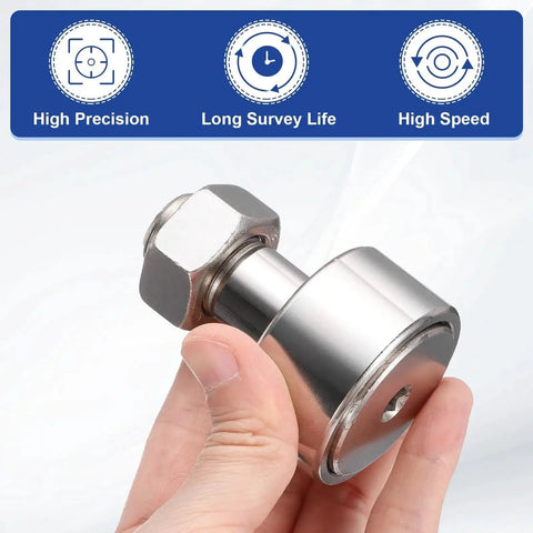Person holding Cam Follower Track Runner Bearing CF20 KR52 X M20 Stud Type with 52mm roller, showcasing high precision features.