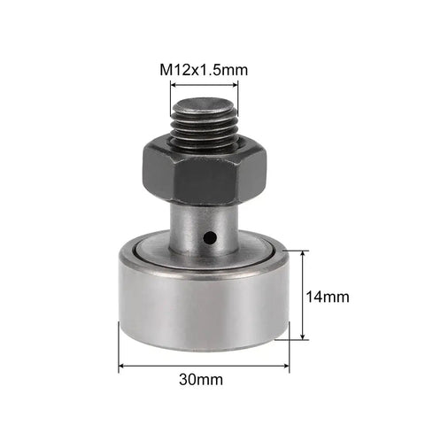 Cam Follower With Needle Rollers For Heavy Duty Cam And Track Applications KR30 Featuring 30mm Roller Diameter And 14mm Roller Width M12 Stud M12x1.5mm Thread Sealed Bearing Steel Construction For High Static And Dynamic Loads Uxcell.