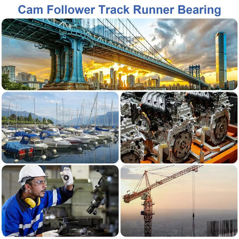 Collage featuring Cam Follower Track Runner Bearing, bridge, boats, engines, worker, and crane, emphasizing industrial applications