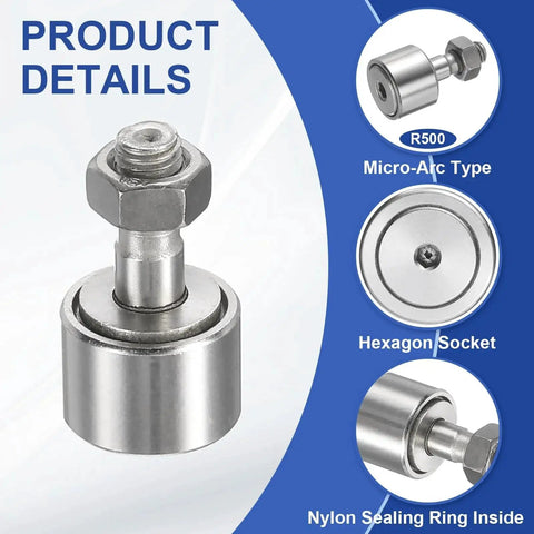 Cam Follower Track Runner Bearing with beefed-up 13mm roller, 10mm width, flat type needle roller, 440 stainless steel, M5 stud