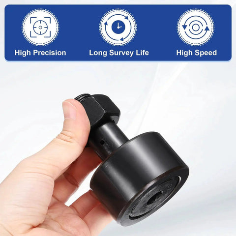 Person holding a Cam Follower Track Runner Bearing For Machine Tool Guide, 2 1/4 Inch Roller Diameter, 57.15mm, Chrome Steel, CF-2-1/4-SB.