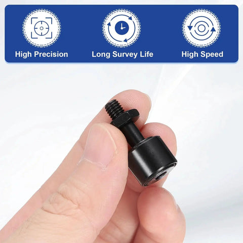 Hand holding cam follower track runner bearing set 2 pack Uxcell chrome steel half inch roller dia 10 32 UNF stud type.