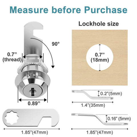 Dimensions and components of a zinc alloy cam lock set with keyed different locks for secure cabinets, drawers, and RV storage.