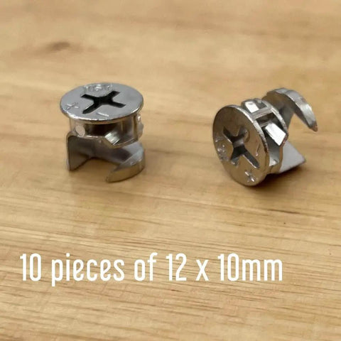 Replacement 12x10mm cam lock connectors, sturdy and easy to install, shown in silver finish on a wooden surface, includes 10 pieces
