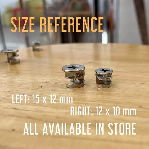 Size reference of 15x12mm and 12x10mm cam lock connectors on table for Replacement 12x10mm cam lock connectors, sturdy and easy to install