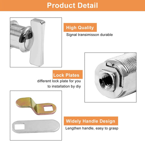 Six thumb operated cam lock sets for cabinets with a 7/8 inch body, showing lock plates and handle design