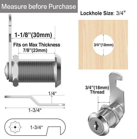 Diagram of Keyed Alike Cam Lock Set One And One Eighth Inch Fits Cabinets File Drawers Mailboxes RV Storage Zinc Alloy Ten Piece For Doors Up To Seven Eighths Inch Thick Replacement showing dimensions and installation details.