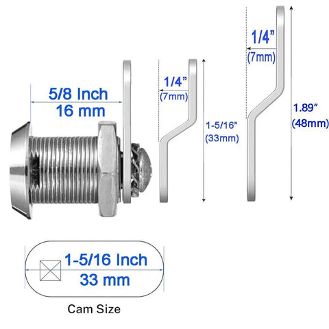 Diagram showing dimensions of secure cabinets, drawers, mailboxes and tool boxes with 5/8 inch keyed-alike cam locks