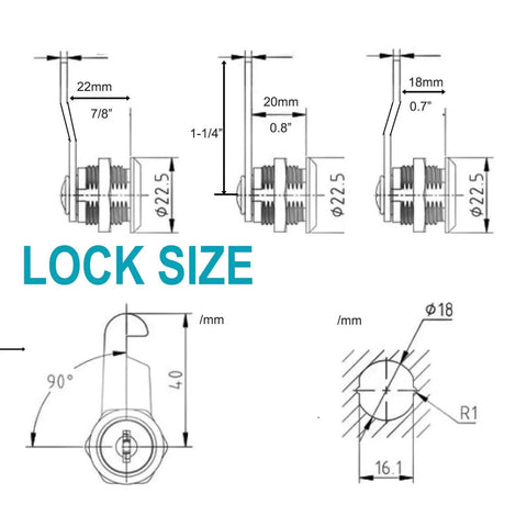 Technical diagram showing lock sizes for Six-Pack Tubular Cam Locks With Keys Provide Keyed-Alike Security For RV Cabinets And Trailer Doors