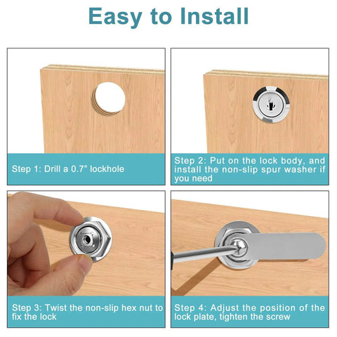 Installation steps for Keyed Alike Cam Locks One And A Half Inch Extra Long Cabinet Locks with Two Keys on wood panel.