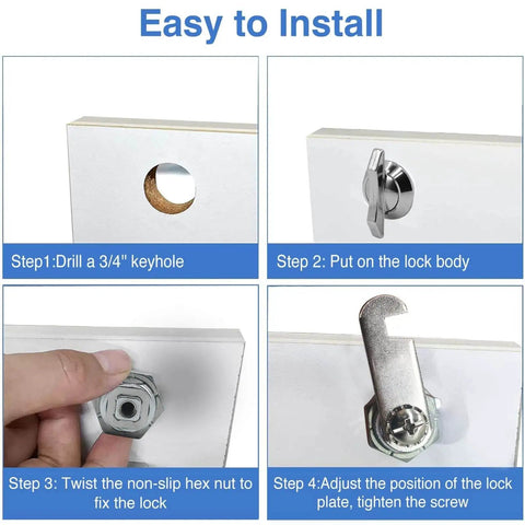 Installation steps for secure RV compartments, cabinets and drawers with a thumb operated offset cam lock featuring a 1 inch cylinder