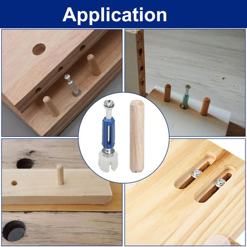 Versatile 120Pcs Cam Lock Furniture Hardware Kit showing application with cam locks, dowel pins, and fasteners in wooden panels.