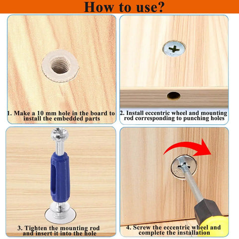 Installation steps for Cam Locks For Furniture Kit With 380 Pieces including bolts, dowel pins, and wheel fasteners