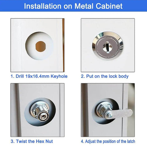 Secure cabinets, drawers, mailboxes and tool boxes with 5/8 inch keyed-alike cam locks installation steps on metal cabinet