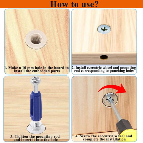 How to use 120Pcs Cam Locks Furniture Hardware Kit 3 In 1 Eccentric Connectors Nuts Bolts Dowels For Assembly And Repair guide