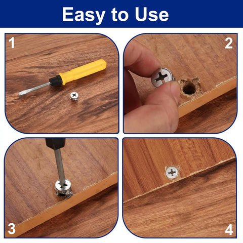 Step-by-step installation of Versatile 120Pcs Cam Lock Furniture Hardware Kit in wooden panel using screwdriver.