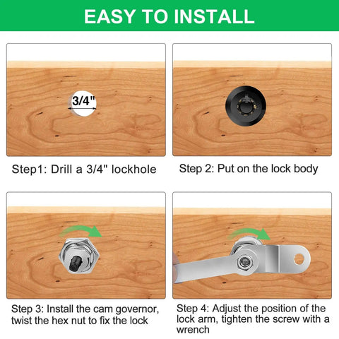 Protect tools, cabinets, and RV compartments with a 2-pack 5/8 inch keyed-alike cam lock set; easy installation steps shown.