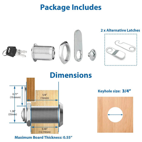 Diagram of Keyed Different Mailbox Cam Lock Five Eighths Inch Cylinder For Cabinets And File Drawers with parts and dimensions