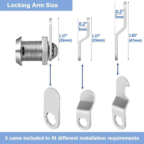 Secure your tool boxes, mailboxes, RV compartments and pickup trucks with this 3-pack of 5/8 inch keyed-alike cam locks illustration showing locking arm sizes.