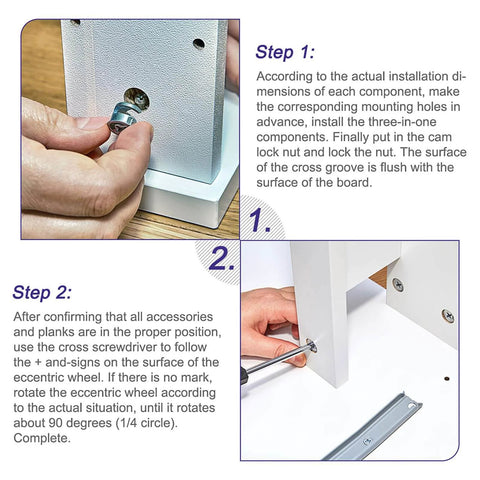 Installation process of Cam Lock Nut for Furniture, demonstrating the fitting of 12pcs 14.6x9.5mm joint connector locking nuts.