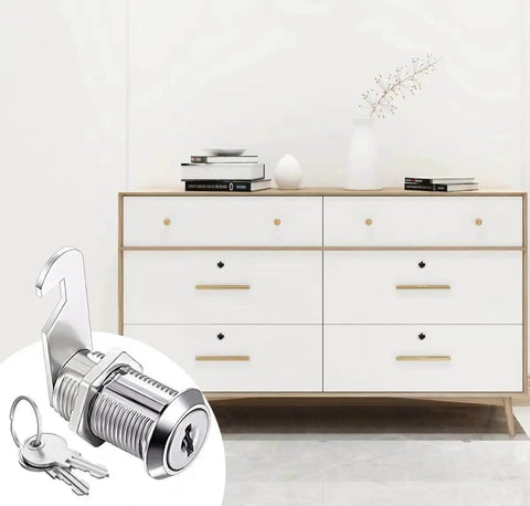 Keyed Alike Cam Lock Set One And One Eighth Inch Fits Cabinets File Drawers Mailboxes RV Storage Zinc Alloy Ten Piece For Doors Up To Seven Eighths Inch Thick Replacement shown with cabinet
