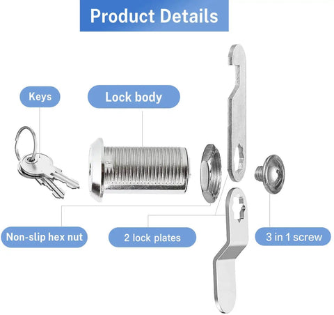 Keyed alike cam lock set with a one and one eighth inch cylinder that fits panels up to nine tenths inch thick, ideal for securing cabinet drawers and RV camper storage, zinc alloy construction, easy mounting through a three quarter inch hole