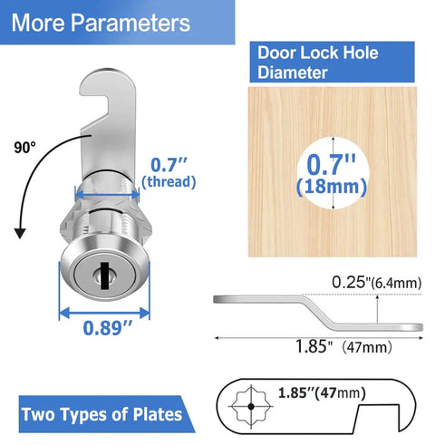 Schematic showing a keyed alike cam lock set with a one and one eighth inch cylinder that fits panels up to nine tenths inch thick.