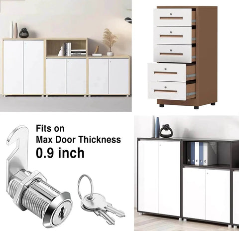 Keyed Alike Cam Lock Set One And One Eighth Inch Fits Cabinets File Drawers Mailboxes RV Storage Zinc Alloy Ten Piece For Doors Up To Seven Eighths Inch Thick Replacement with keys shown in front of cabinet and drawer examples.