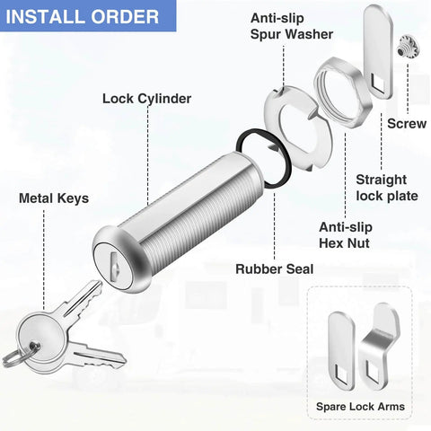 2 Pack 2-1/8 Inch Cam Lock Set For Thick Cabinets And Drawers RV Storage And Tool Boxes Keyed Alike Heavy Duty Stainless Steel With Chrome Plating Dust Shutter Protects Keyhole Rust Resistant, showing lock cylinder and parts.