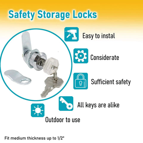Six-Pack Tubular Cam Locks With Keys Provide Keyed-Alike Security For RV Cabinets And Trailer Doors; One-Key Operation, Two Key Slots, And Keys Removable When Locked Or Unlocked, Fitting Up To One Half Inch Material displayed with features and keys