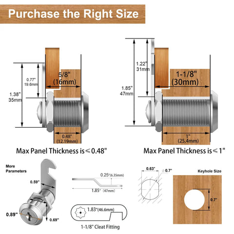 Diagram showing dimensions and installation guide for Three Pack Keyed Alike Cam Lock Set with 1-1/8 inch cylinders.