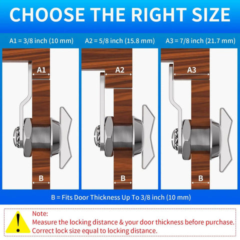 Diagram showing 5/8 inch thumb-operated offset cam locks with zinc alloy and chrome finish for RV compartments and cabinets.